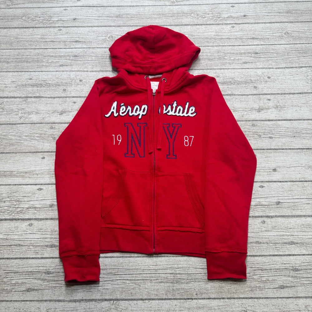 Y2K Aeropostale Hoodie Women's Medium Red Zip Up Fleece Lined Athletic Varsity